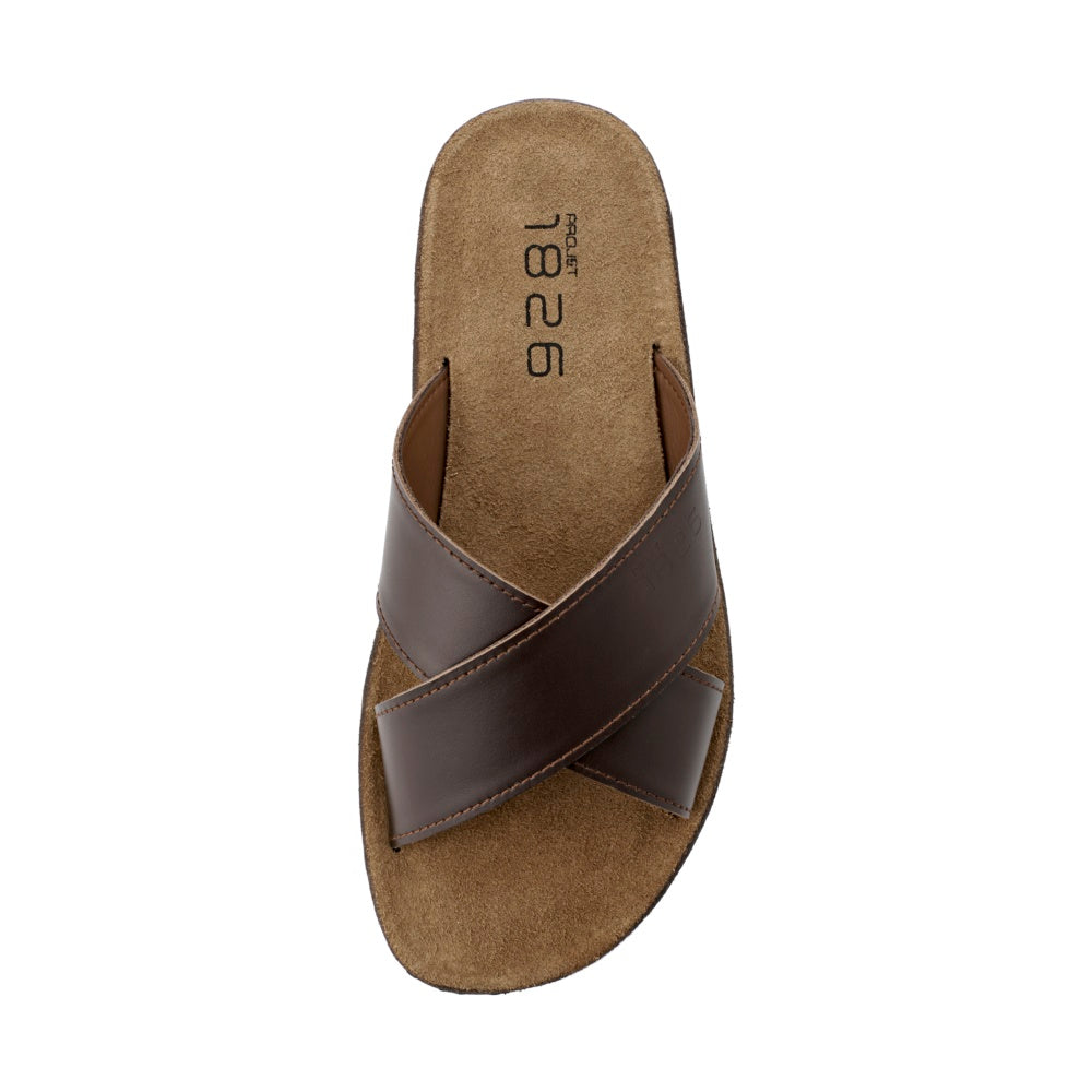 ARMY CROSS STRAP LEATHER SLIPPER BROWN