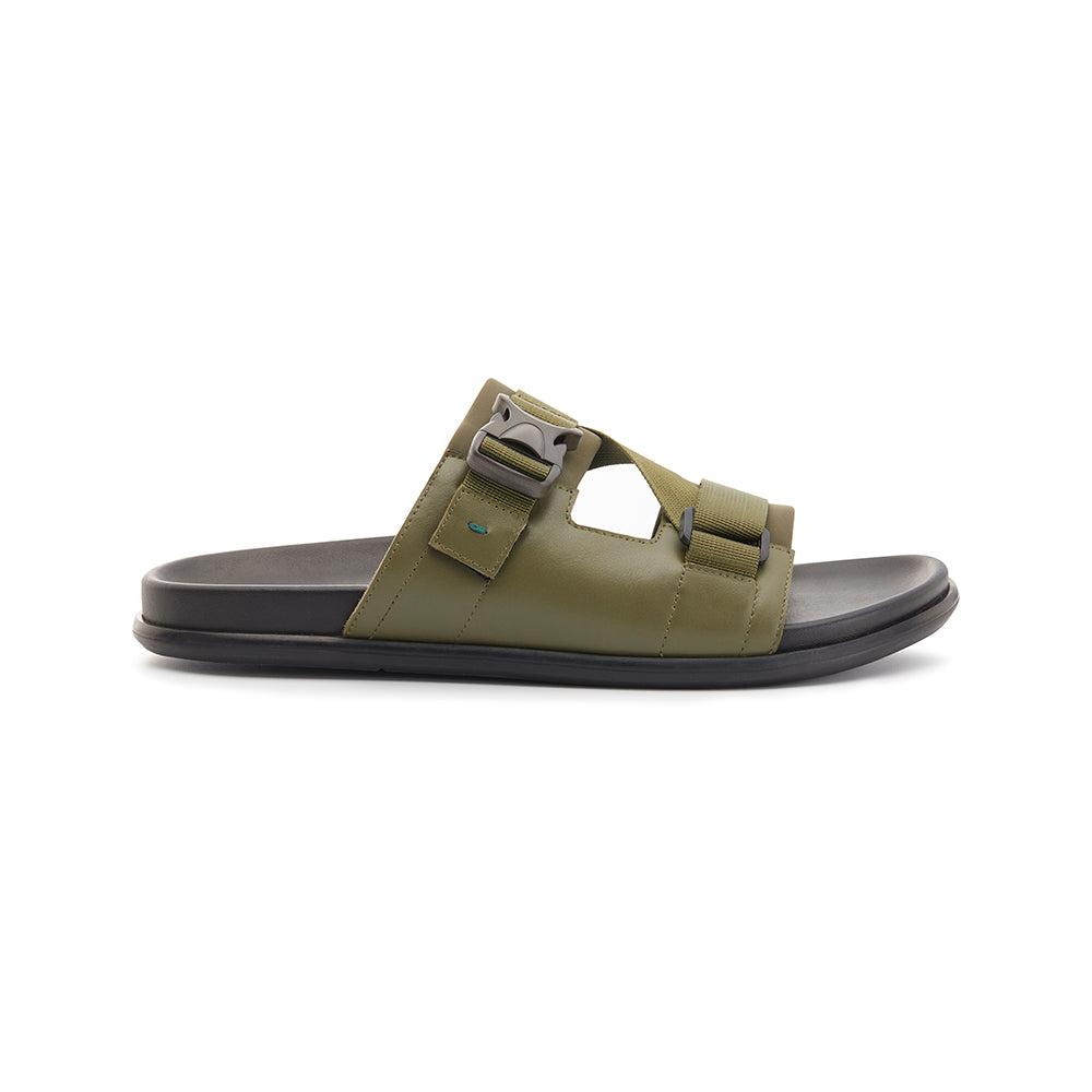 DELROY LEATHER SLIP ON LEATHER SANDAL GREEN