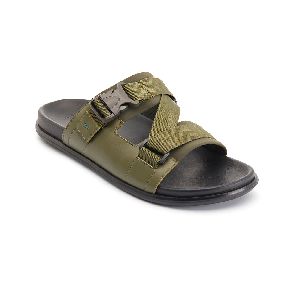 DELROY LEATHER SLIP ON LEATHER SANDAL GREEN