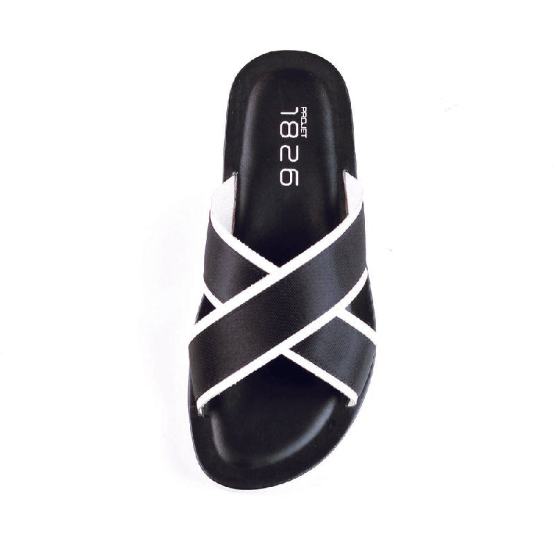 BEVIS CROSS STRAP LEATHER SLIPPER BLACK